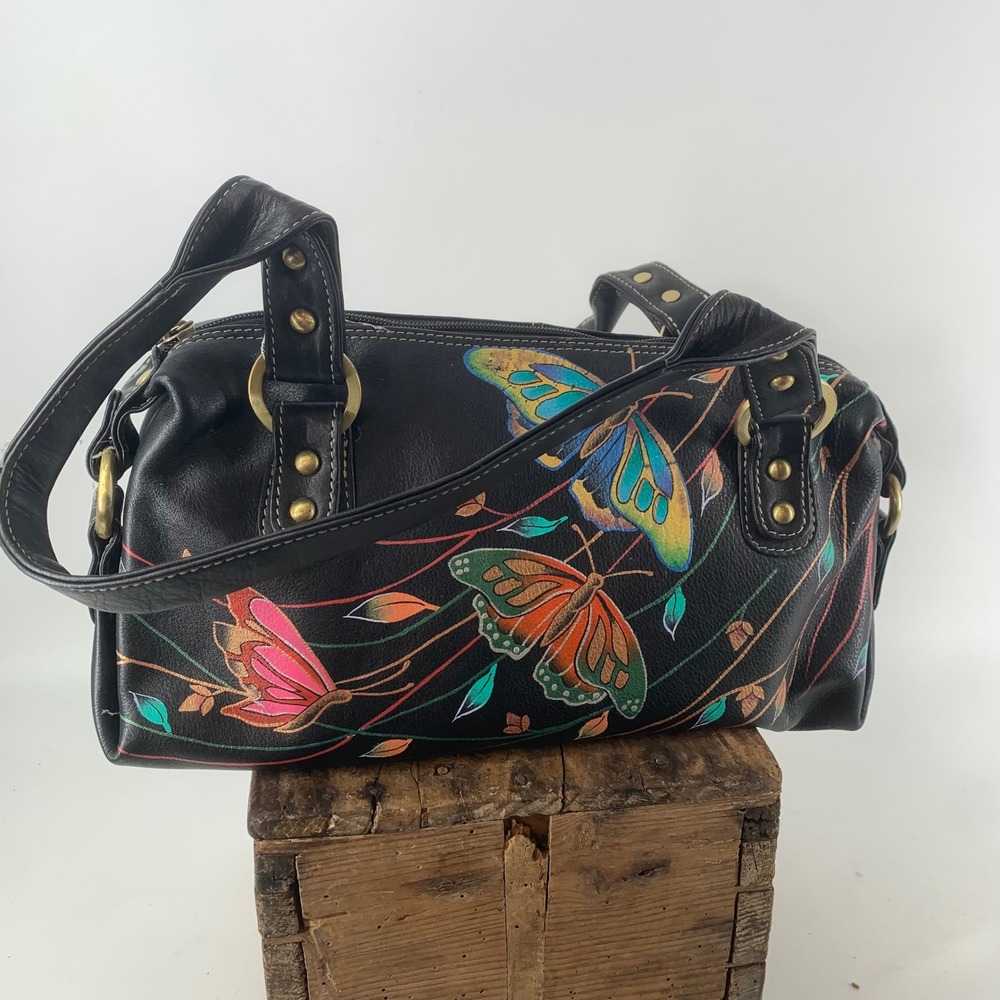 Anuschka Hand Painted Leather Butterfly Satchel Bag Black Floral NWT